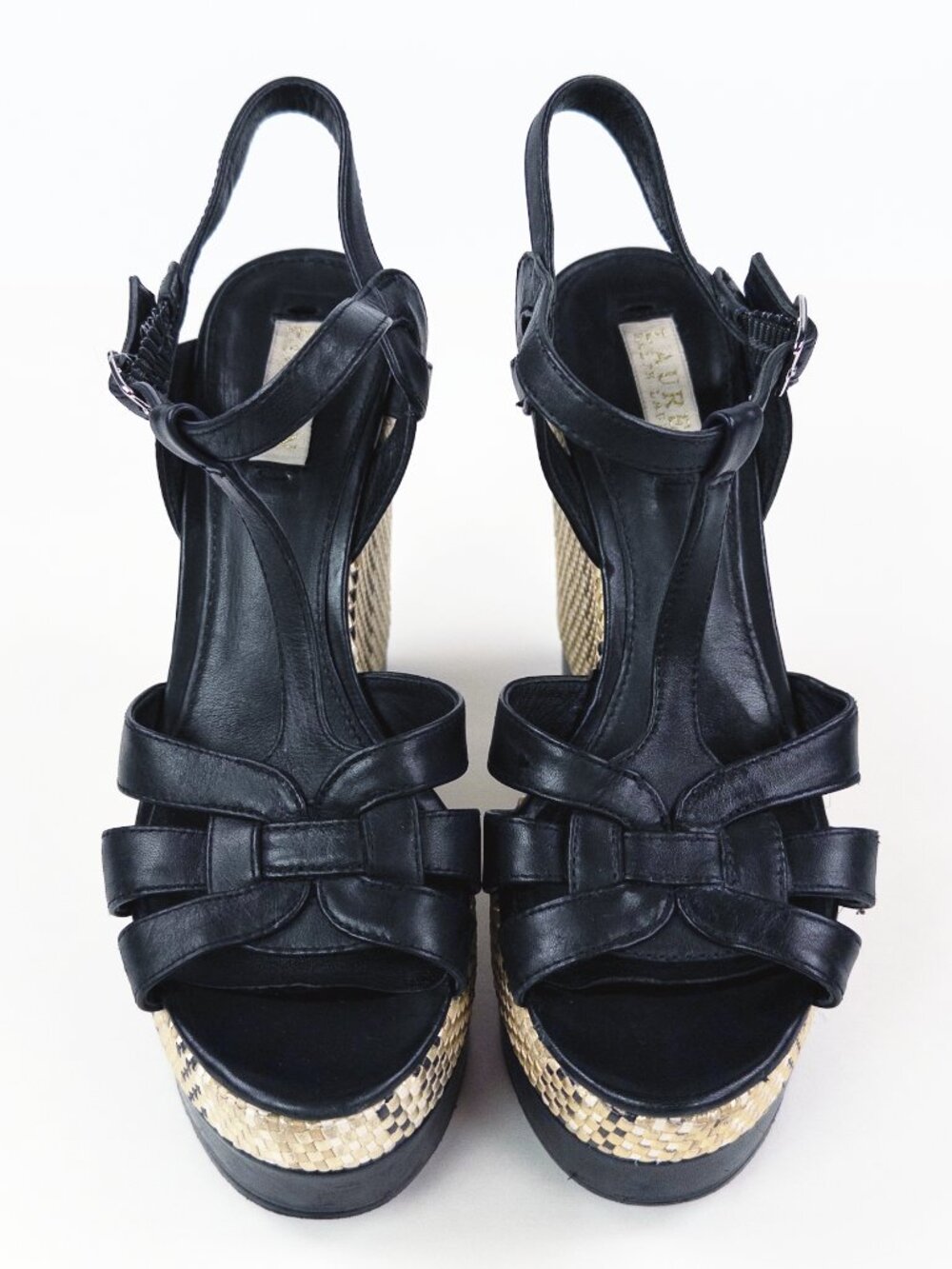 Lauren Ralph Lauren Black Leather Tweed Wedge Platform Sandals Sz 8.5 - Picture 2 of 8